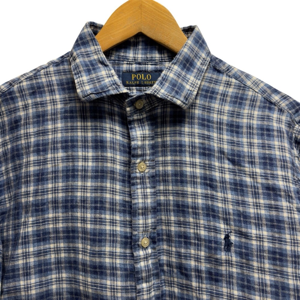 Polo Ralph Lauren Men's Size Large Blue Plaid Linen Button Front Pony Shirt euc